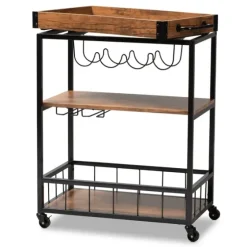 Oak And Black Metal Bar Cart With Bottle Rack-Kirkland's Home Hot