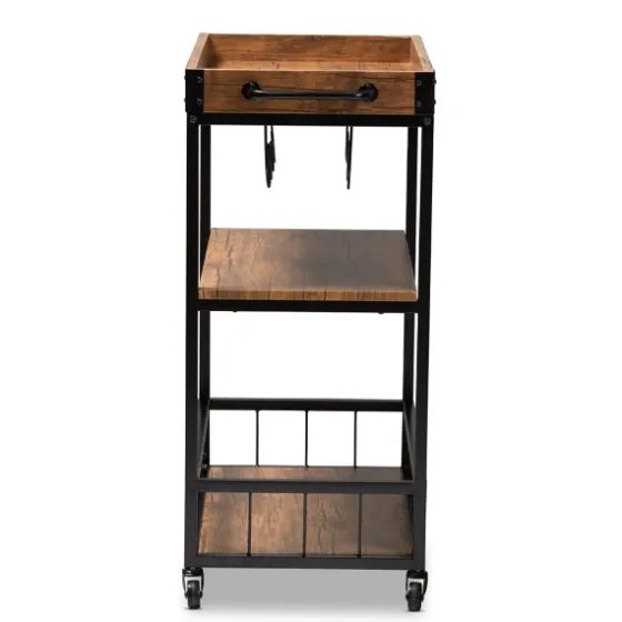 Oak And Black Metal Bar Cart With Bottle Rack-Kirkland's Home Hot