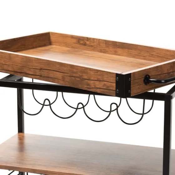 Oak And Black Metal Bar Cart With Bottle Rack-Kirkland's Home Hot