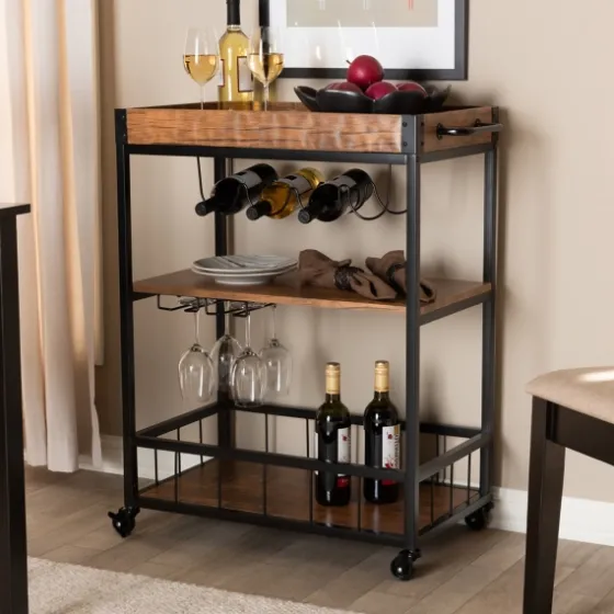 Oak And Black Metal Bar Cart With Bottle Rack-Kirkland's Home Hot