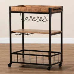 Oak And Black Metal Bar Cart With Bottle Rack-Kirkland's Home Hot