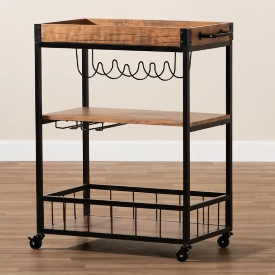 Oak And Black Metal Bar Cart With Bottle Rack-Kirkland's Home Hot