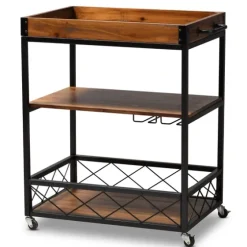 Oak And Black Metal Bar Cart With Stemware Rack-Kirkland's Home Outlet