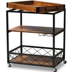 Oak And Black Metal Bar Cart With Stemware Rack-Kirkland's Home Outlet