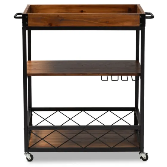 Oak And Black Metal Bar Cart With Stemware Rack-Kirkland's Home Outlet