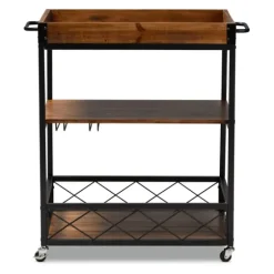 Oak And Black Metal Bar Cart With Stemware Rack-Kirkland's Home Outlet