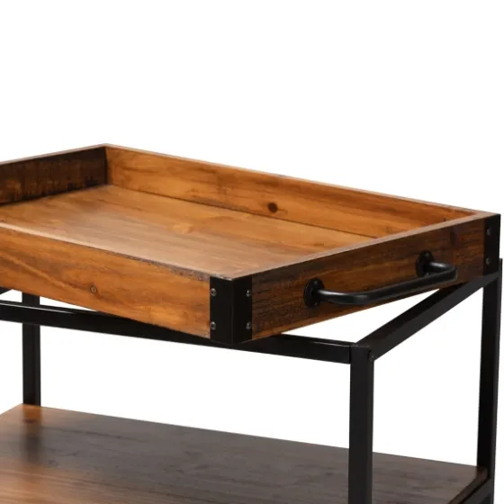Oak And Black Metal Bar Cart With Stemware Rack-Kirkland's Home Outlet