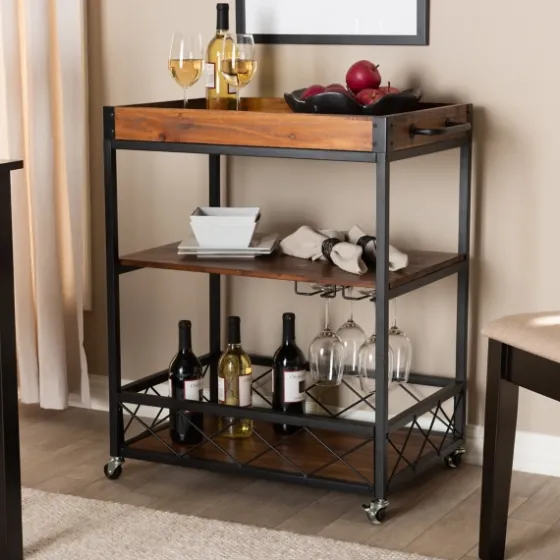Oak And Black Metal Bar Cart With Stemware Rack-Kirkland's Home Outlet