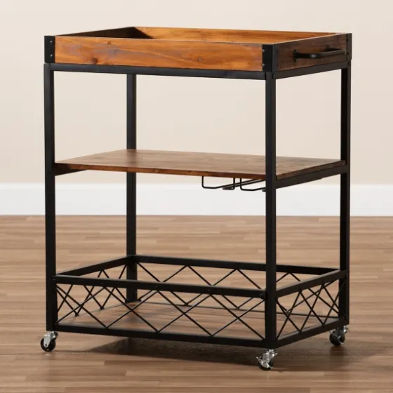 Oak And Black Metal Bar Cart With Stemware Rack-Kirkland's Home Outlet