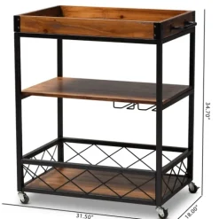 Oak And Black Metal Bar Cart With Stemware Rack-Kirkland's Home Outlet