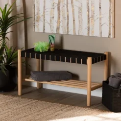 Oak Wood And Woven Nylon Bench-Kirkland's Home Discount
