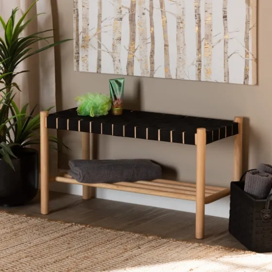 Oak Wood And Woven Nylon Bench-Kirkland's Home Discount