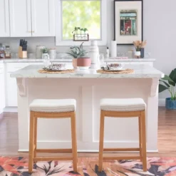 Oak Wood Counter Stool With Beige Striped Cushion-Kirkland's Home Flash Sale