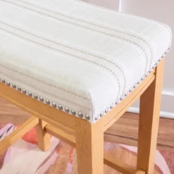 Oak Wood Counter Stool With Beige Striped Cushion-Kirkland's Home Flash Sale