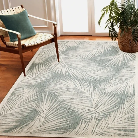 Ocean Blue Palm Leaves Outdoor Area Rug, 6X9-Kirkland's Home Cheap