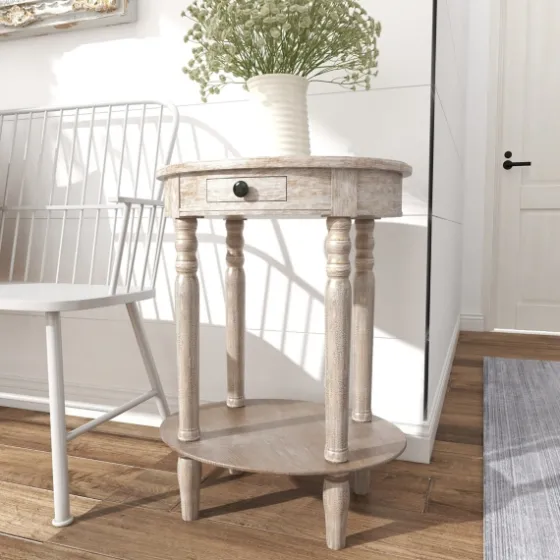 Oval Washed Pine Wood Side Table-Kirkland's Home Cheap