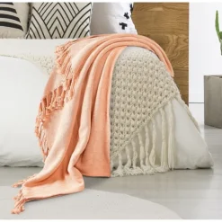 Peach Checkered Weave Fringe Throw-Kirkland's Home Hot