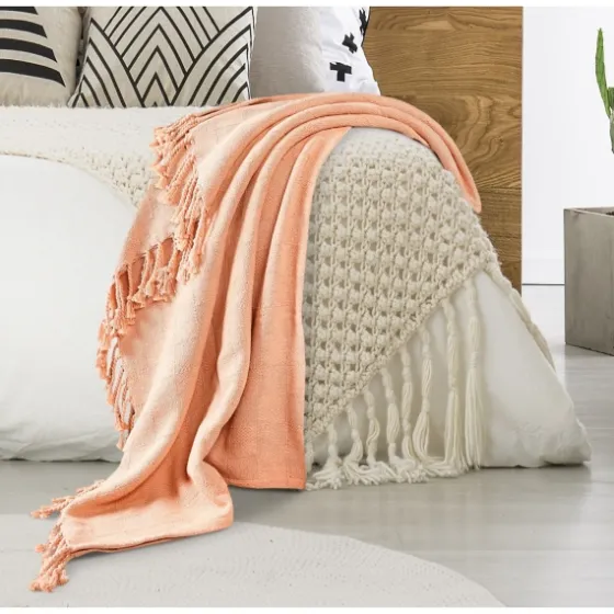 Peach Checkered Weave Fringe Throw-Kirkland's Home Hot