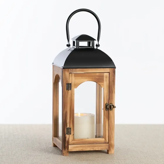 Pine Wood And Black Metal Lantern, 16 In.-Kirkland's Home New