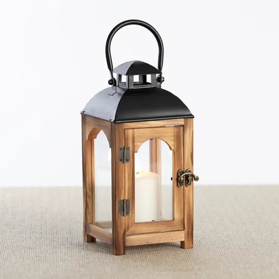 Pine Wood And Black Metal Lantern, 11 In.-Kirkland's Home Fashion