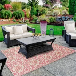 Pink And Cream Floral Tile Outdoor Area Rug, 4X6-Kirkland's Home Discount