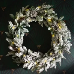 Pre-Lit Flocked Winter Pinecone Wreath-Kirkland's Home Sale