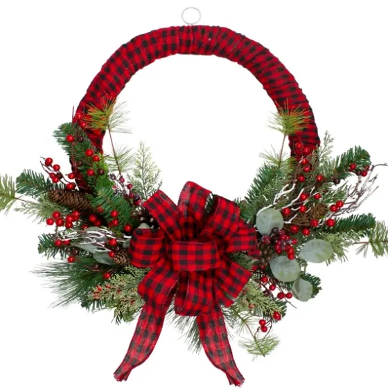 Red And Black Buffalo Check Pine And Berry Wreath-Kirkland's Home Sale