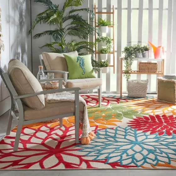 Red Bright Floral Burst Outdoor Area Rug, 7X10-Kirkland's Home Cheap