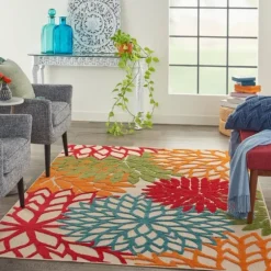 Red Bright Floral Burst Outdoor Area Rug, 5X7-Kirkland's Home Fashion