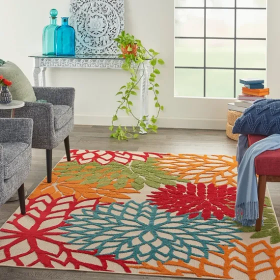Red Bright Floral Burst Outdoor Area Rug, 5X7-Kirkland's Home Fashion