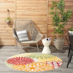 Red Floral Burst Outdoor Round Area Rug, 5 Ft.-Kirkland's Home Outlet