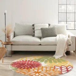 Red Floral Burst Outdoor Round Area Rug, 5 Ft.-Kirkland's Home Outlet