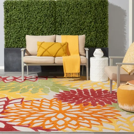 Red Floral Burst Outdoor Area Rug, 7X10-Kirkland's Home Outlet