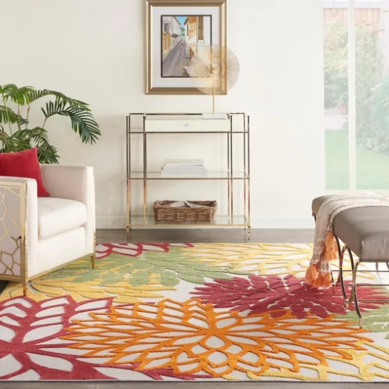 Red Floral Burst Outdoor Area Rug, 7X10-Kirkland's Home Outlet