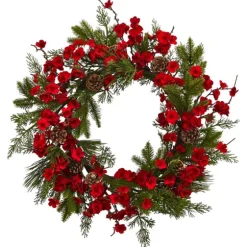 Red Plum Blossom Pinecone Wreath, 24 In.-Kirkland's Home Sale