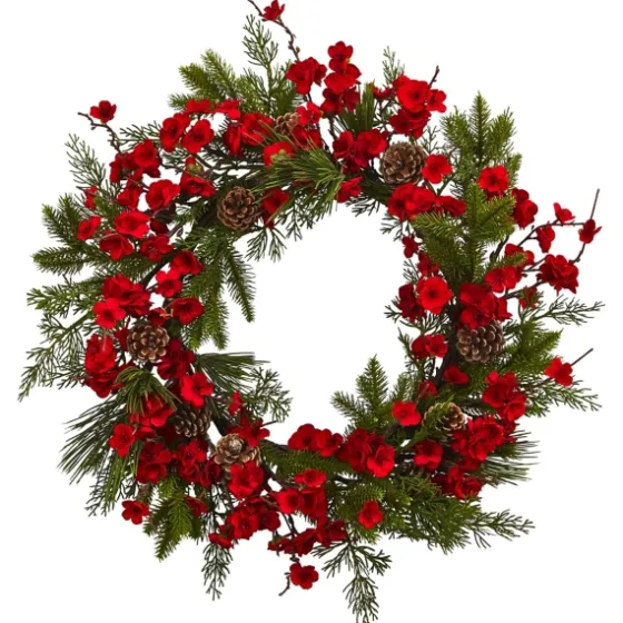 Red Plum Blossom Pinecone Wreath, 24 In.-Kirkland's Home Sale