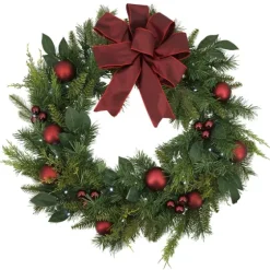 Red Velvet Ribbon And Ornaments Pre-Lit Wreath-Kirkland's Home Sale