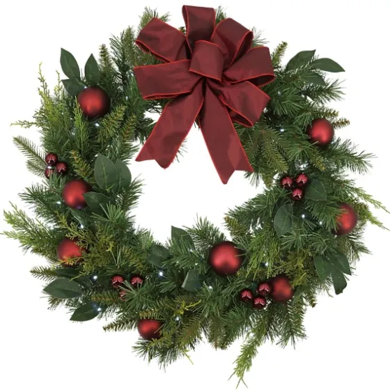 Red Velvet Ribbon And Ornaments Pre-Lit Wreath-Kirkland's Home Sale