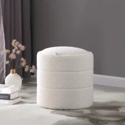 Round Cream Boucle Storage Ottoman-Kirkland's Home Fashion