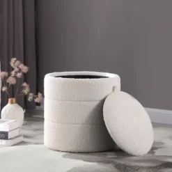Round Cream Boucle Storage Ottoman-Kirkland's Home Fashion