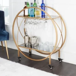 Round Gold Mirrored Shelves Bar Cart-Kirkland's Home Clearance