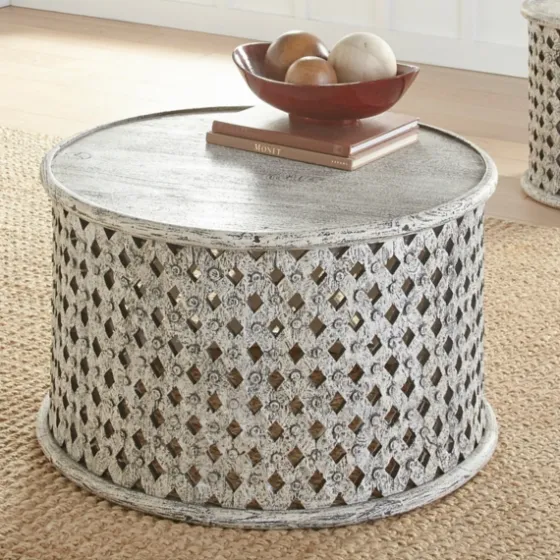 Round White Wood Lattice Coffee Table-Kirkland's Home Discount
