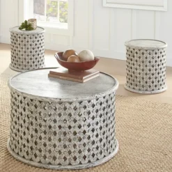 Round White Wood Lattice Coffee Table-Kirkland's Home Discount