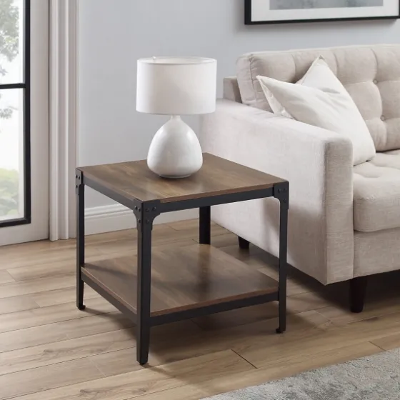 Rustic Oak Angle Iron Accent Tables, Set Of 2-Kirkland's Home Clearance
