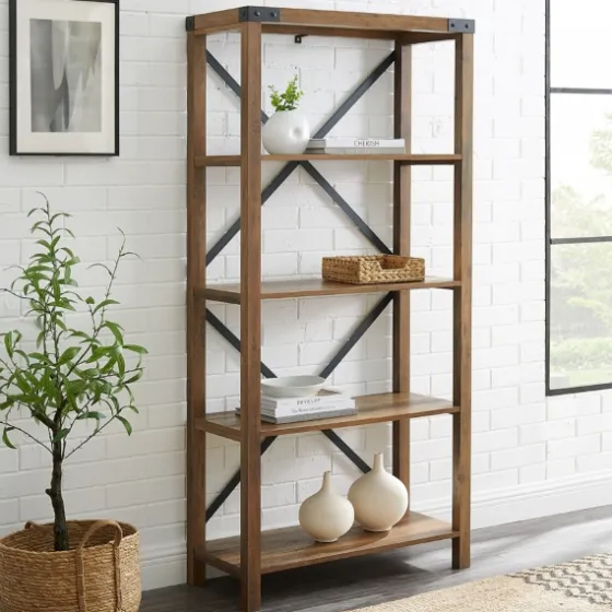 Rustic Oak Metal X Frame Back Bookshelf-Kirkland's Home New