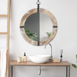 Rustic Round Wooden Mirror With Metal Brackets-Kirkland's Home Outlet