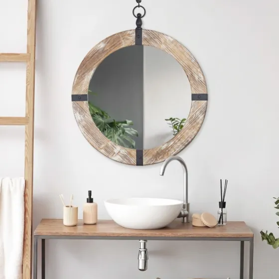 Rustic Round Wooden Mirror With Metal Brackets-Kirkland's Home Outlet