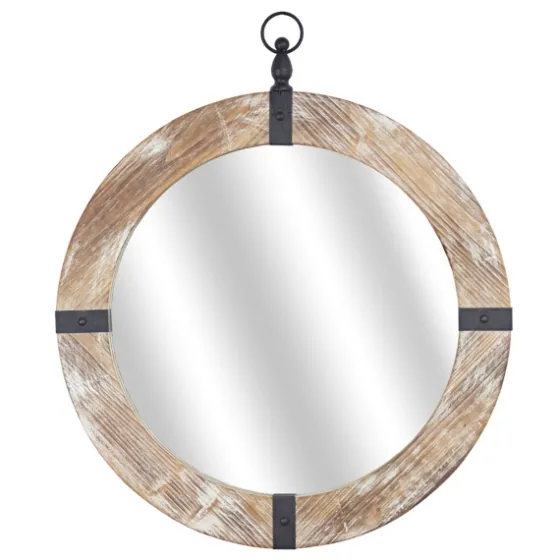 Rustic Round Wooden Mirror With Metal Brackets-Kirkland's Home Outlet