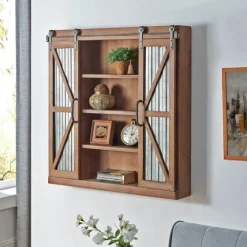 Rustic Walnut Sliding Metal Door Cabinet-Kirkland's Home Cheap