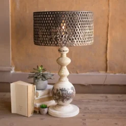 Rustic White Table Lamp With Woven Metal Shade-Kirkland's Home Discount